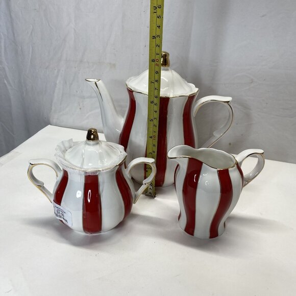 Grace Teaware Red & White Striped Porcelain Tea Set Gold Trim Christmas Decor - Picture 9 of 9
